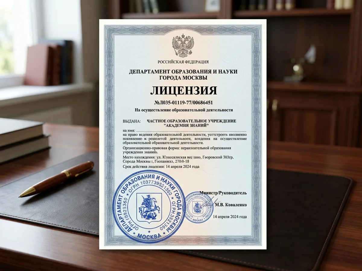 Лицензия на осуществление образовательной деятельности №Л035-01119-77/00686451, выданная Департаментом образования и науки г. Москвы, официальный документ с гербовой печатью