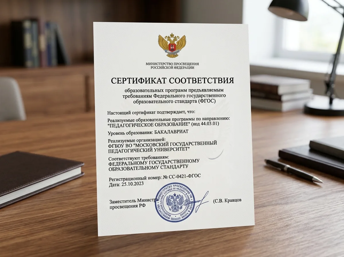 Сертификат соответствия образовательных программ федеральному государственному образовательному стандарту ФГОС, документ с логотипом Министерства просвещения России
